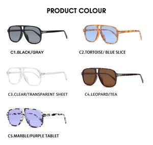 Matrix display of aviator sunglasses in black, tortoise, clear, leopard and marble frames