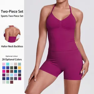 Women Yoga Workout Halter Tank Top And High Waist Shorts Seamless Ribbed Athletic Activewear Solid Color