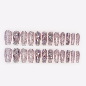 24pcs pink glitter gradient press-on nails with purple teardrop gems and rhinestones