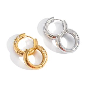 Classic C-shaped stainless steel earrings with sparkling zircon inlay in gold and silver
