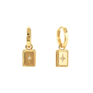 Detail of gold S925 sterling silver hoop earrings with star engraved rectangle charms
