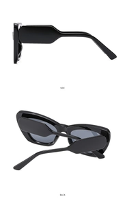 Detailed side and back view of cat eye sunglasses with wavy temples and dark lenses