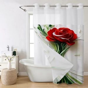 Detailed view of red rose floral shower curtain with silver rings in a modern bathroom