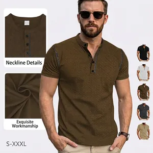 Men Henley Shirt Short Sleeve Waffle Texture Button Placket Breathable Casual Retro Color Block Top For Men