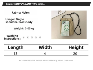 Nylon sports bag size chart and fabric details for portable shoulder crossbody bottle bag