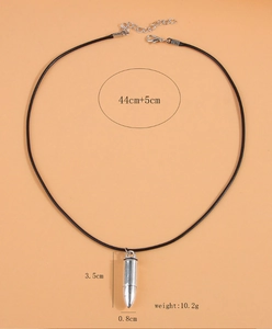 Detailed view of silver bullet pendant necklace with dimensions and weight specifications