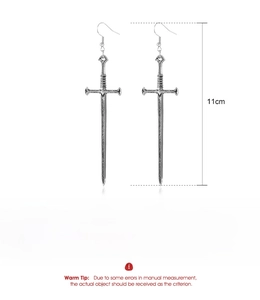 Detail view of retro silver dagger earrings with 11cm length and alloy material specs