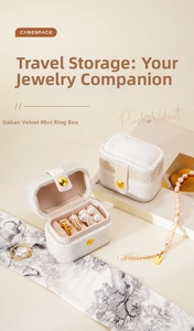 Mini plush velvet travel jewelry box for rings with gold snap button in cream white