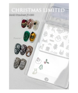 Close-up of silicone nail art mold JT-030 with detailed Christmas elements and snowflakes
