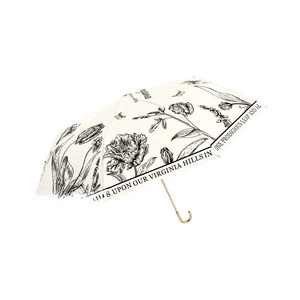 French vintage beige double-layer folding umbrella with black floral patterns and U-shaped handle