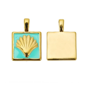 Macro shot of gold-plated square pendant with turquoise oil drip and embossed shell design