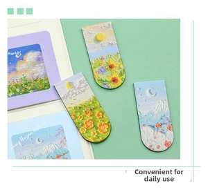 Detailed view of artistic oil painting magnetic bookmarks featuring floral and mountain themes