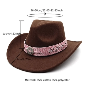 Dark brown wool felt western cowboy hat with pink woven band and vintage metal badge