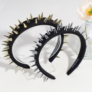 Punk style black wide headband with metallic gold and silver studs and handmade detail