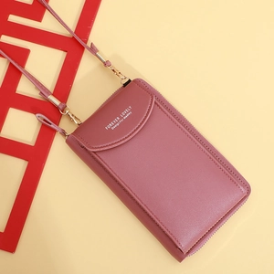 Pink minimalist crossbody phone bag with adjustable strap and golden hardware accents
