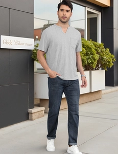 Outdoor shot of light gray Henley neck T-shirt with chest pocket and vertical texture