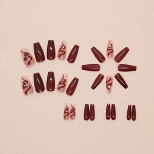 Wine red and nude pink snake pattern coffin shape press-on nails set shown in flat lay