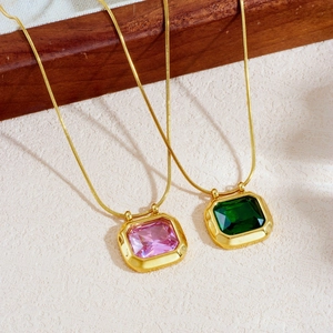Vintage Pendant Necklace Stainless Steel Gold Plated Rectangular Emerald Cut Gemstone Snake Chain Elegant Retro Jewelry