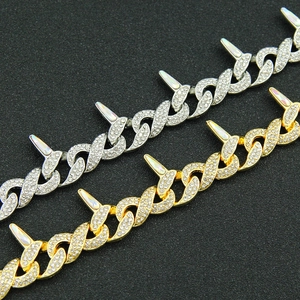 Hip hop spiked Cuban chain bracelet with leaf clasp and CZ stones in gold and silver