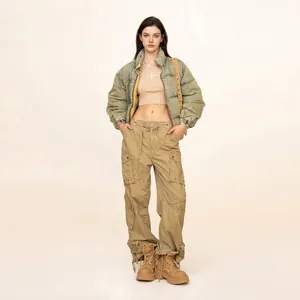 Blue denim puffer jacket with floral emboss and khaki cargo pants set for winter street style