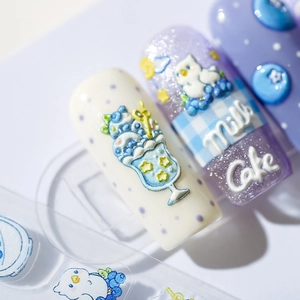 3D relief nail art stickers with blueberry cake, ice cream, and milk cake designs
