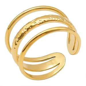 Three-layer adjustable 304 stainless steel ring with hammered texture in golden finish