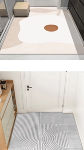 Detail showing two modern entry mats with abstract patterns and geometric gray stripes