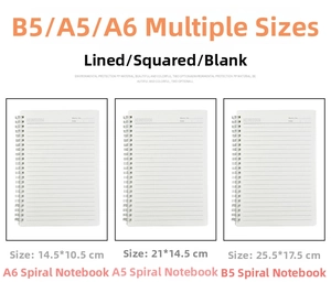 Three sizes of PP cover notebooks with ruled, grid, and blank paper layouts for students