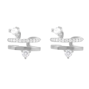 Detail view of silver C-shaped ear cuffs with three layered bands and pavé cubic zirconia
