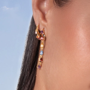 Elegant s925 silver long fringe earrings with colorful zircon stones on model