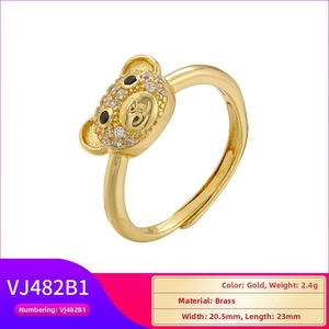 Detailed view of 18K gold plated bear ring with white cubic zirconia and size specs
