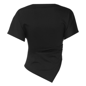 Detailed back view of black slim fit top featuring unique asymmetric draped hem design
