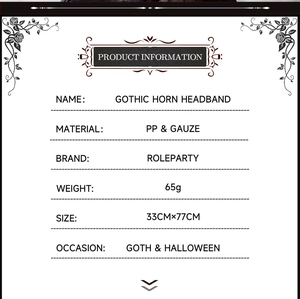 Detailed product specifications for Gothic horn headband with PP and gauze materials