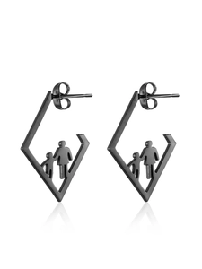 Close-up of black stainless steel earrings with father and child silhouette in diamond frame