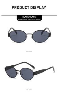 Front and 45-degree side views of vintage oval metal sunglasses with black lenses