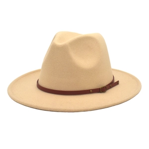 Detail shot of a beige wool fedora hat with a slim brown leather belt and metal buckle