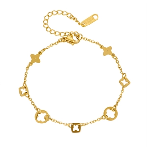 Golden stainless steel four-leaf clover bracelet with hollow and solid charms on white background