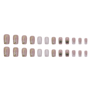 Pink French press-on nails with butterfly patterns and silver glitter, 24 pieces set