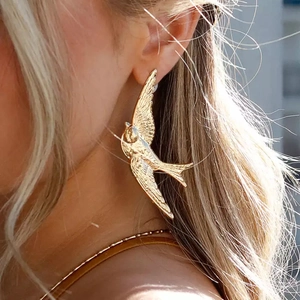 Vintage Swallow Bird Earrings Stainless Steel Textured Feather Design Large Statement Jewelry For Women Hypoallergenic