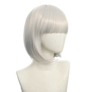 Professional silver white short bob wig with straight hair and neat bangs on a model