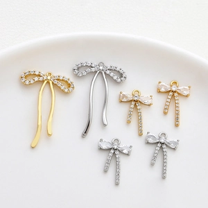 Bow tie pendants with 14k gold plating and sparkling zircon for DIY jewelry accessories