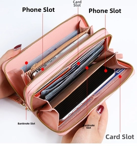 Pink long wallet detail showing three large compartments for phone, cards, and cash