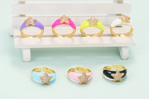 Colorful enamel star rings with sparkling crystals in a variety of vibrant shades