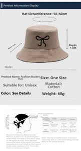 Size guide for cotton sun hat showing 56-60cm circumference and bow embroidery details