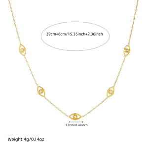 Detail view of evil eye necklace with dimensions 39cm length and 1.2cm pendant size