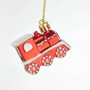 Glossy red train-shaped Christmas ball ornament with white glitter and gold string