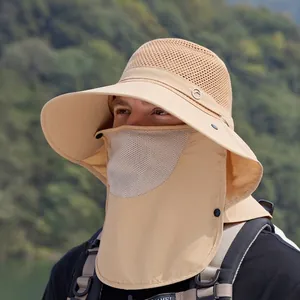 Men Outdoor Sun Hat Wide Brim UV Protection Fishing Hat With Detachable Face Mask Neck Flap Breathable Mesh Polyester