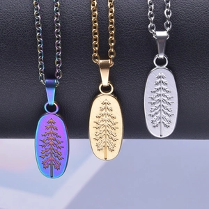 Oval stainless steel tree pendant necklaces in gold, silver and rainbow finishes