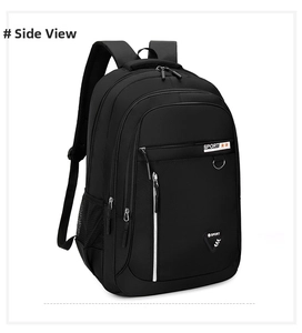 Vista lateral de la mochila de negocios negra de gran capacidad con bolsillos múltiples