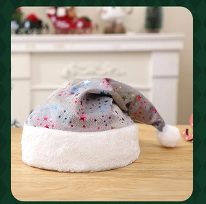 Detail of silver Christmas hat with colorful stars and soft white plush trim